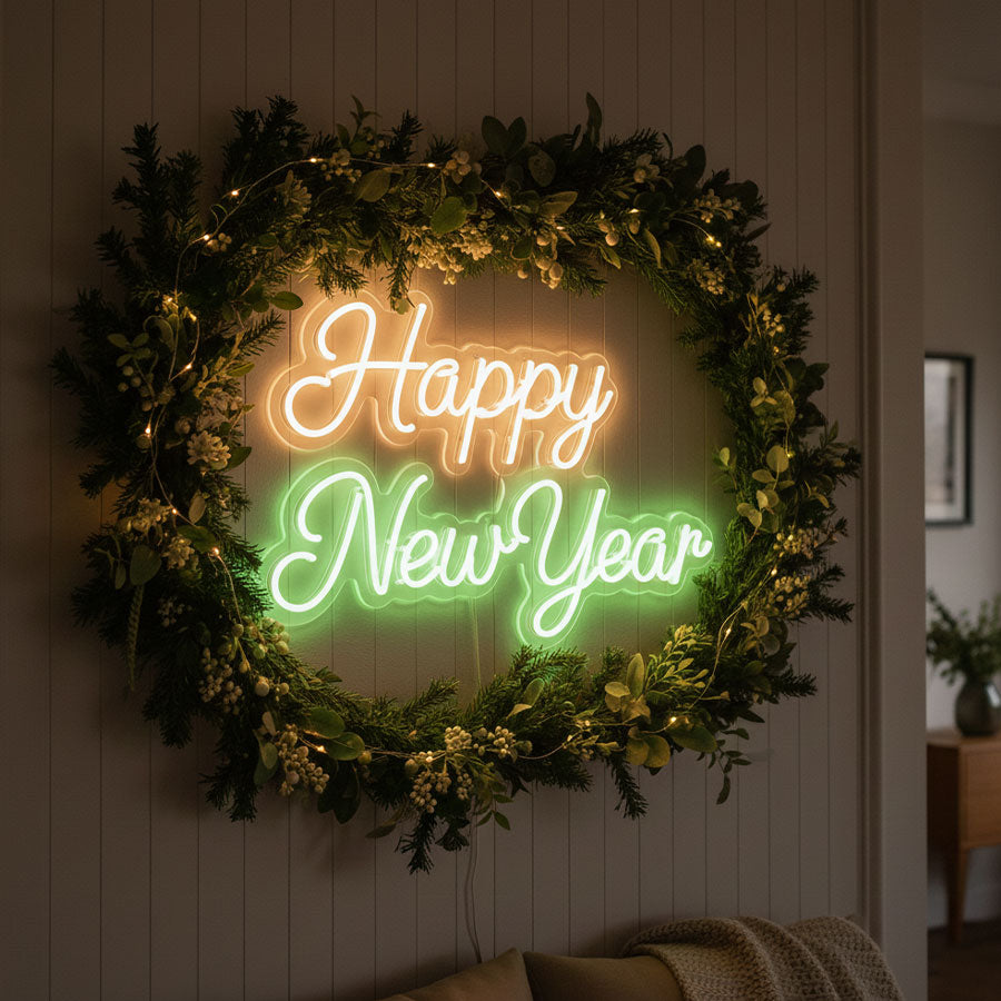Neon 'Happy New Year' sign in a wreath on a wall.