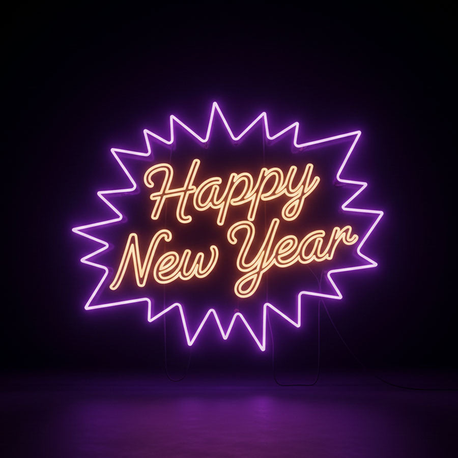 Neon sign with 'Happy New Year' text on a dark background